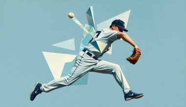 A fragmented, geometric painting depicting a baseball pitcher