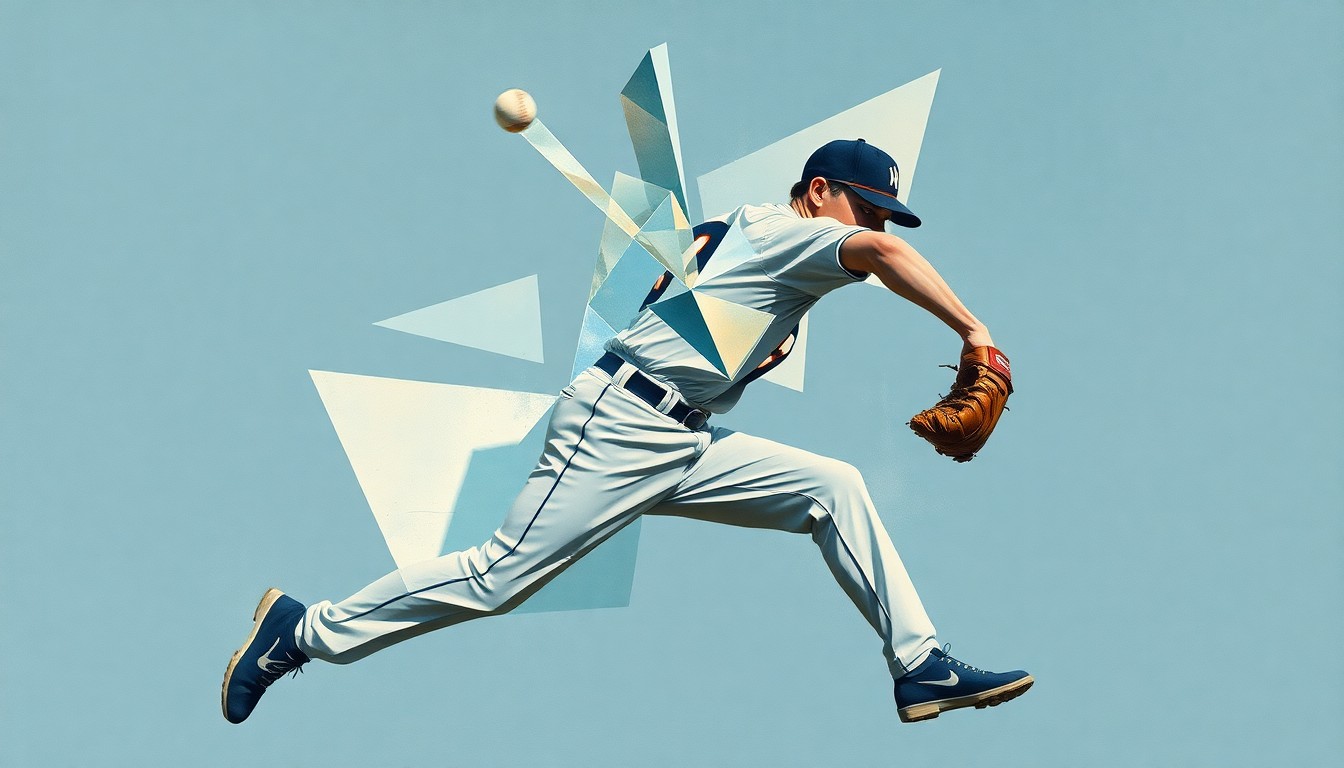 A fragmented, geometric painting depicting a baseball pitcher