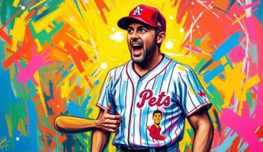 An abstract, energetic painting featuring bold brushstrokes in neon colors, capturing the surprise and excitement of a baseball manager receiving a unique, personalized gift from one of his players.
