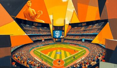 A fragmented, geometric painting depicting a baseball game, with sharp planes of orange, black, brown, and gold representing the dynamic action on the field.