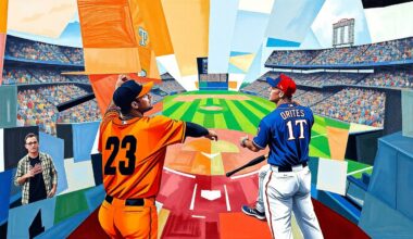 A fractured, geometric painting in bold colors depicting the action and energy of a baseball game between two teams, with no identifiable players or logos.