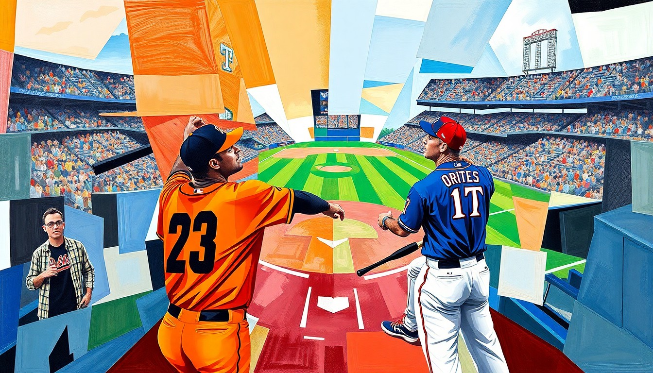 A fractured, geometric painting in bold colors depicting the action and energy of a baseball game between two teams, with no identifiable players or logos.