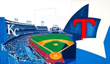 A cubist, geometric painting depicting a baseball game between the Kansas City Royals and Minnesota Twins, with sharp, overlapping planes of royal blue, white, navy blue, and red.