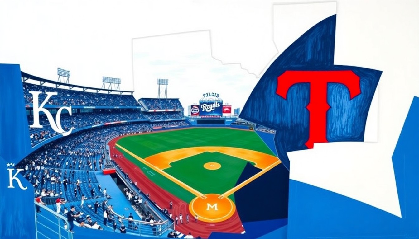 A cubist, geometric painting depicting a baseball game between the Kansas City Royals and Minnesota Twins, with sharp, overlapping planes of royal blue, white, navy blue, and red.