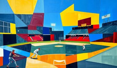 A cubist, geometric painting depicting a fragmented baseball scene, with sharp planes of royal blue, gold, and crimson representing the various elements of the game and the people who make the team successful.