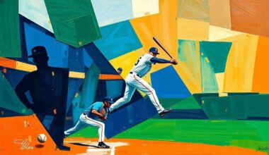 A cubist, geometric painting depicting a baseball pitcher in motion, with the player