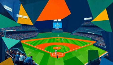 An abstract, geometric painting featuring overlapping shapes and planes in shades of blue, green, and orange, representing the chaotic action of a baseball game.