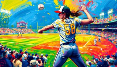 An abstract, expressionist painting in vibrant neon colors depicting the dynamic motion of Kendall Long throwing a baseball, with the stadium and other elements dissolving into a blur of energetic brushstrokes.