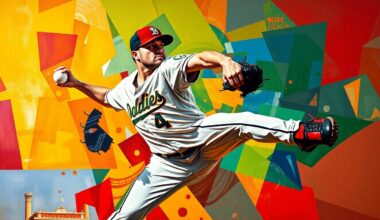 A cubist, geometric painting depicting the motion of a baseball pitcher, with sharp, overlapping planes of color representing the teams Bauer has played for in his career.