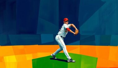 A fragmented, geometric painting depicting the motion of a baseball pitcher, with sharp, overlapping planes in shades of navy, green, and orange, conveying the sport