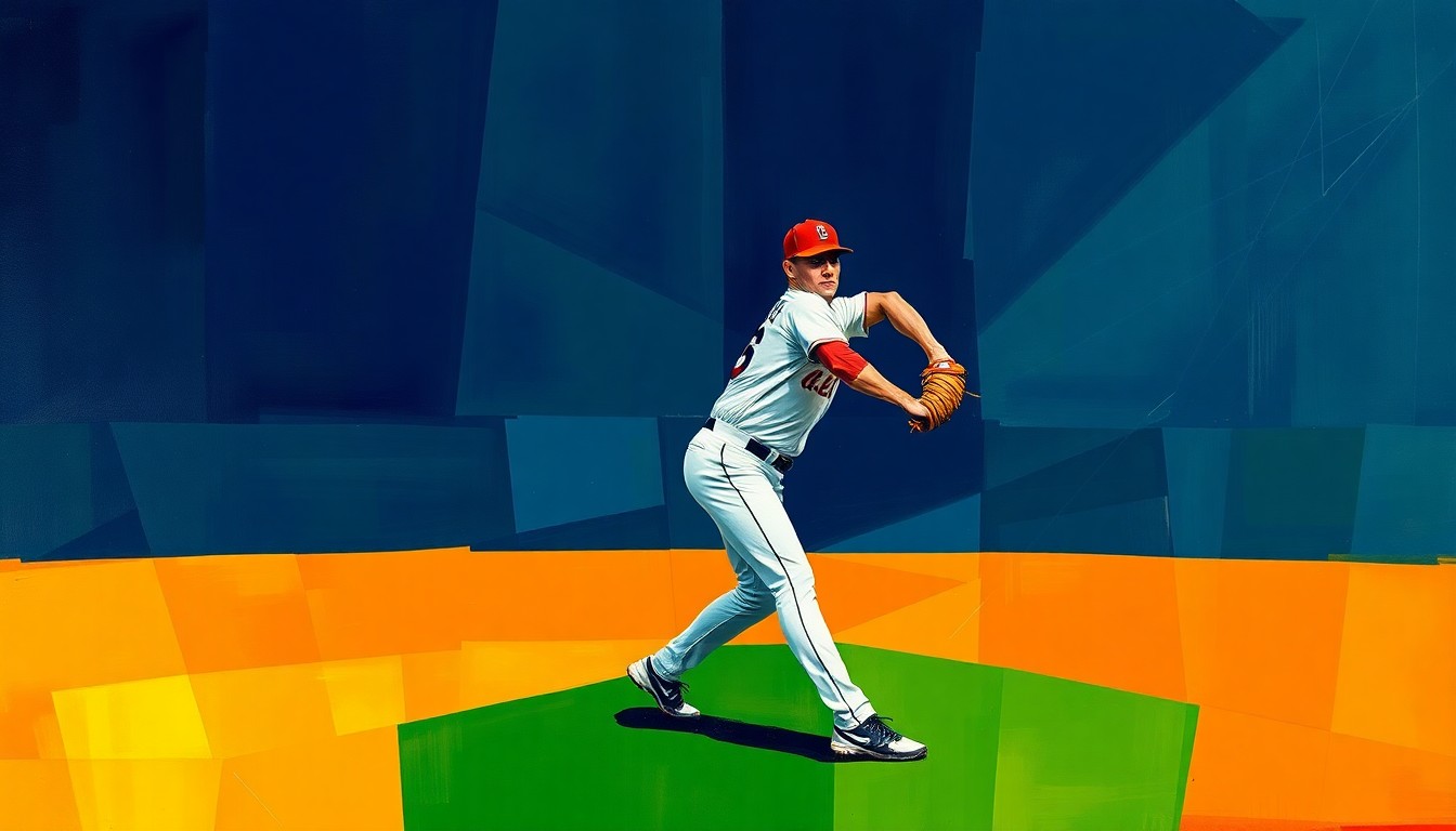 A fragmented, geometric painting depicting the motion of a baseball pitcher, with sharp, overlapping planes in shades of navy, green, and orange, conveying the sport