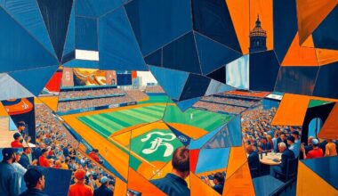 A fragmented, geometric painting in navy blue, orange, and white, depicting a baseball game in an abstract, cubist style.