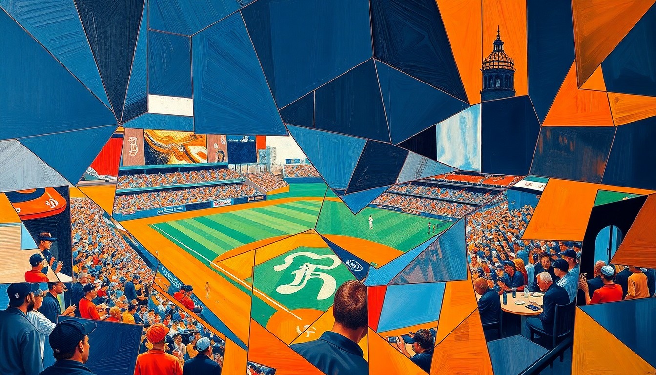 A fragmented, geometric painting in navy blue, orange, and white, depicting a baseball game in an abstract, cubist style.