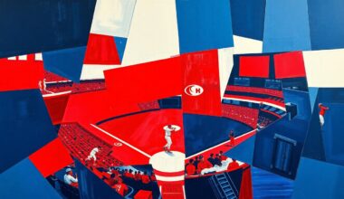 A fragmented, geometric painting depicting a baseball game from multiple angles, with sharp planes of navy, red, and white representing the players, field, and stadium.