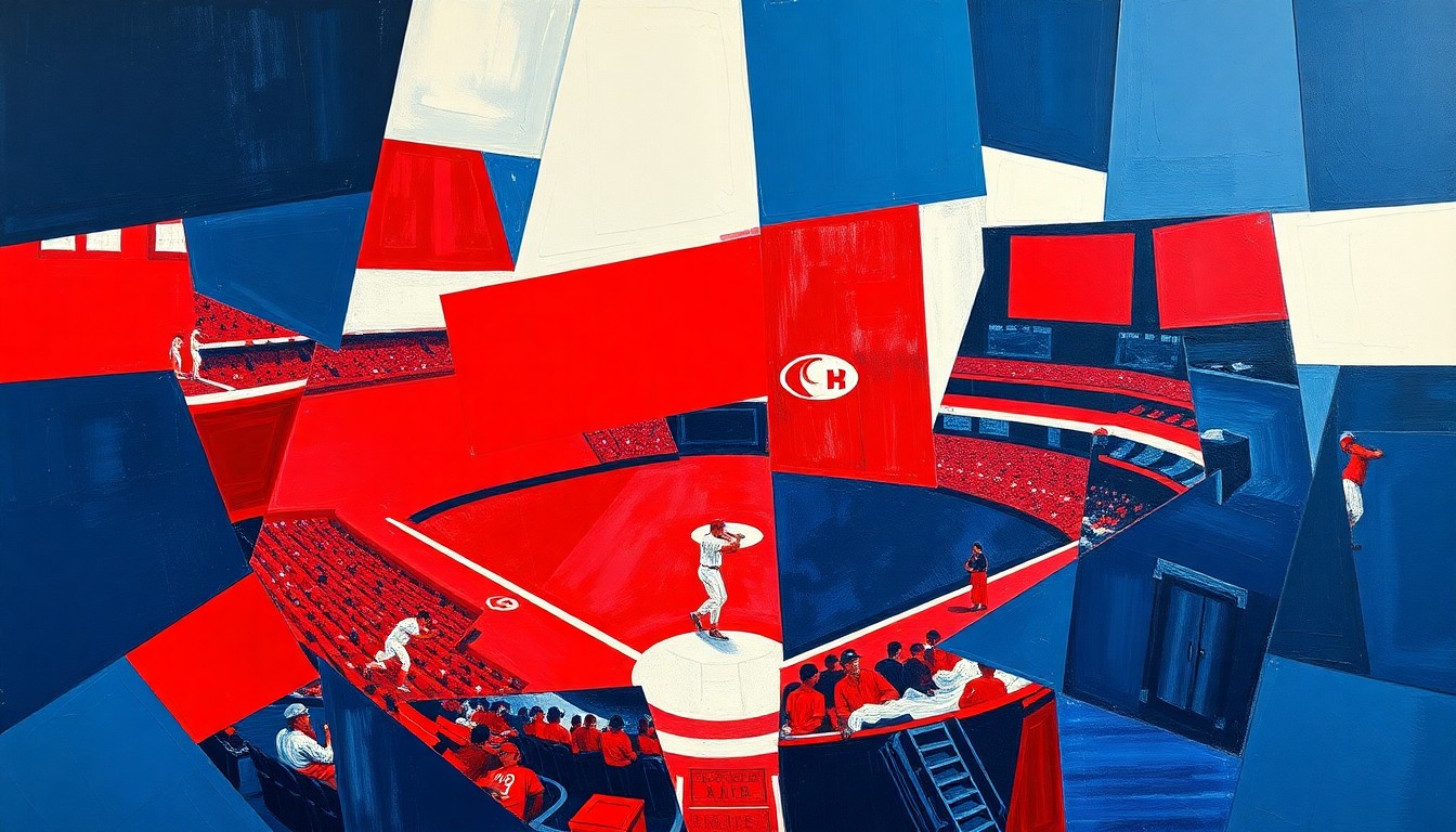 A fragmented, geometric painting depicting a baseball game from multiple angles, with sharp planes of navy, red, and white representing the players, field, and stadium.