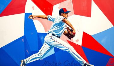 A cubist-style painting depicting the pitching motion of a baseball player in a fractured, geometric style using the colors of the Chicago Cubs.