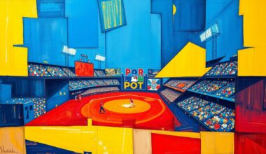 A fractured, multi-perspective painting in bold colors depicting a baseball game or match, with sharp geometric shapes and planes overlapping to create a dynamic, cubist-inspired scene.