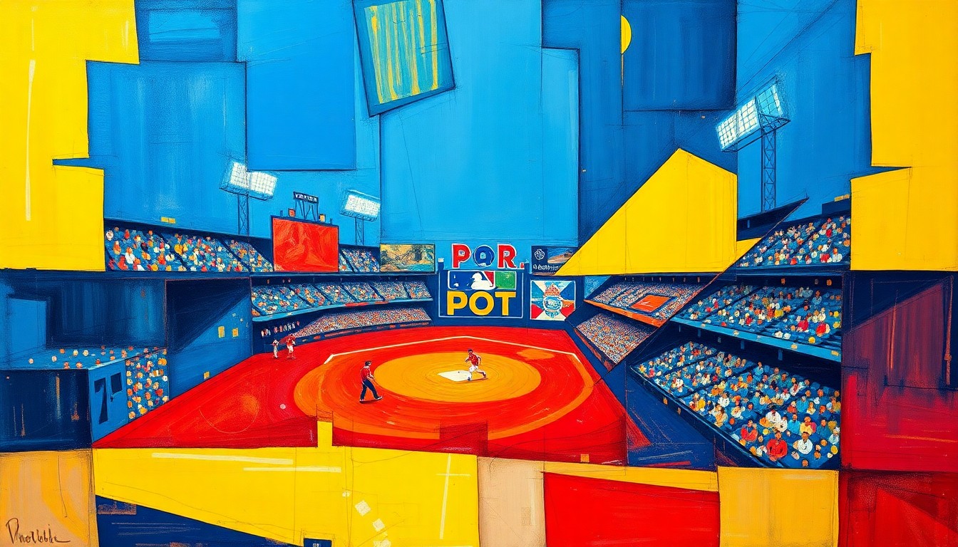 A fractured, multi-perspective painting in bold colors depicting a baseball game or match, with sharp geometric shapes and planes overlapping to create a dynamic, cubist-inspired scene.