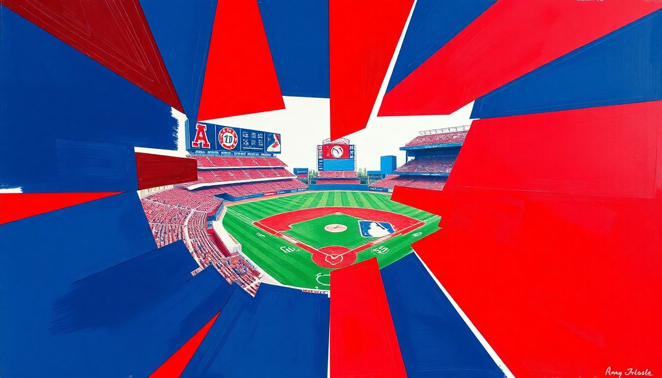 A cubist, geometric painting depicting a fragmented, multi-angled view of a baseball game, with sharp planes of red, navy, and white representing the energy and action of the sport.