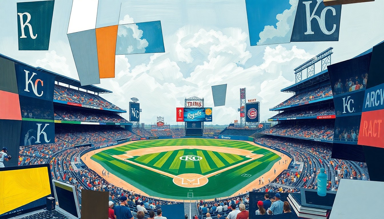 A fragmented, geometric painting depicting a baseball game, with sharp, overlapping shapes and planes representing the dynamic action on the field.