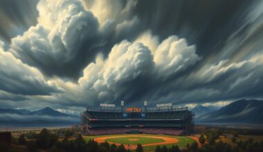 A vast, majestic landscape painting in the style of Caspar David Friedrich, depicting the Coors Field baseball stadium dwarfed by a dramatic, windswept sky filled with heavy clouds and deep shadows, conveying the power and unpredictability of the weather.