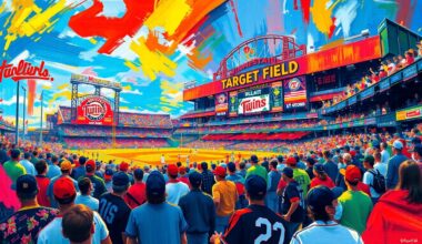 An abstract, expressionist painting in vibrant neon colors, featuring bold, energetic brushstrokes that evoke the excitement and anticipation of baseball fans gathering at Target Field for the Minnesota Twins