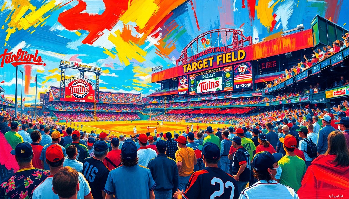 An abstract, expressionist painting in vibrant neon colors, featuring bold, energetic brushstrokes that evoke the excitement and anticipation of baseball fans gathering at Target Field for the Minnesota Twins