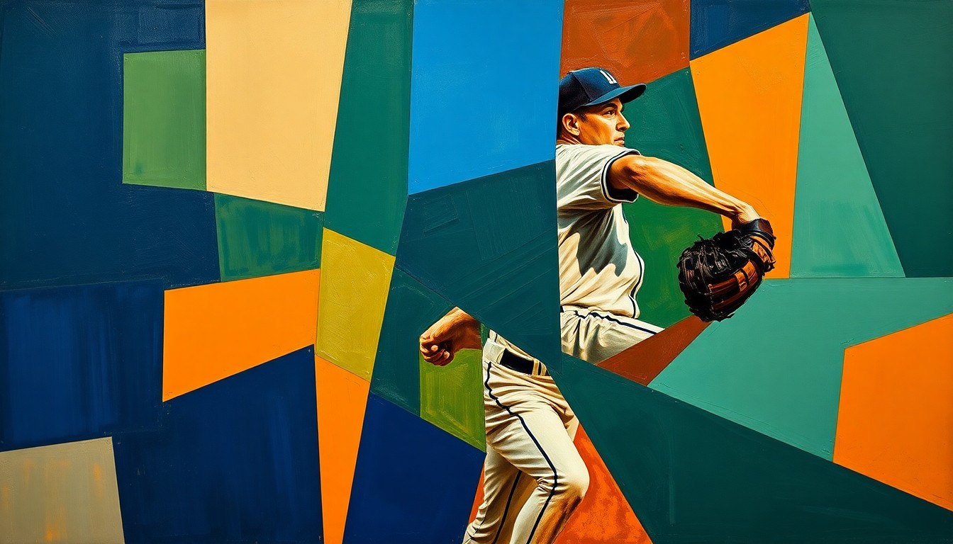 A cubist, geometric painting depicting the throwing motion of a baseball pitcher, with sharp, overlapping planes of navy, green, and orange, conceptually representing the analytical nature of a player transaction.