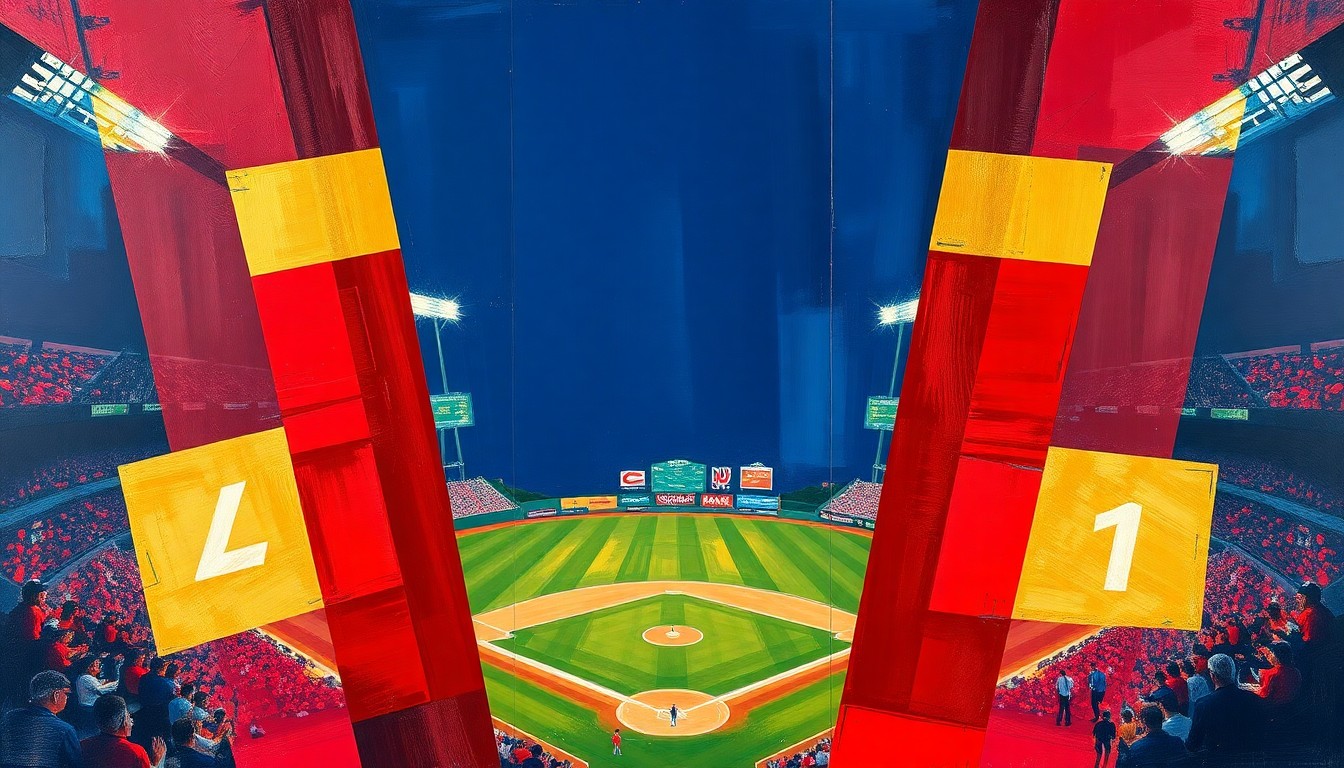 A fractured, geometric painting depicting a baseball player in motion, with sharp planes of color and overlapping perspectives representing the excitement and energy of a young star