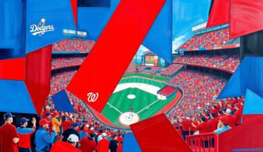 A fragmented, geometric painting depicting a baseball game, with sharp planes of Dodgers blue and Nationals red intersecting to create a dynamic, abstract composition.