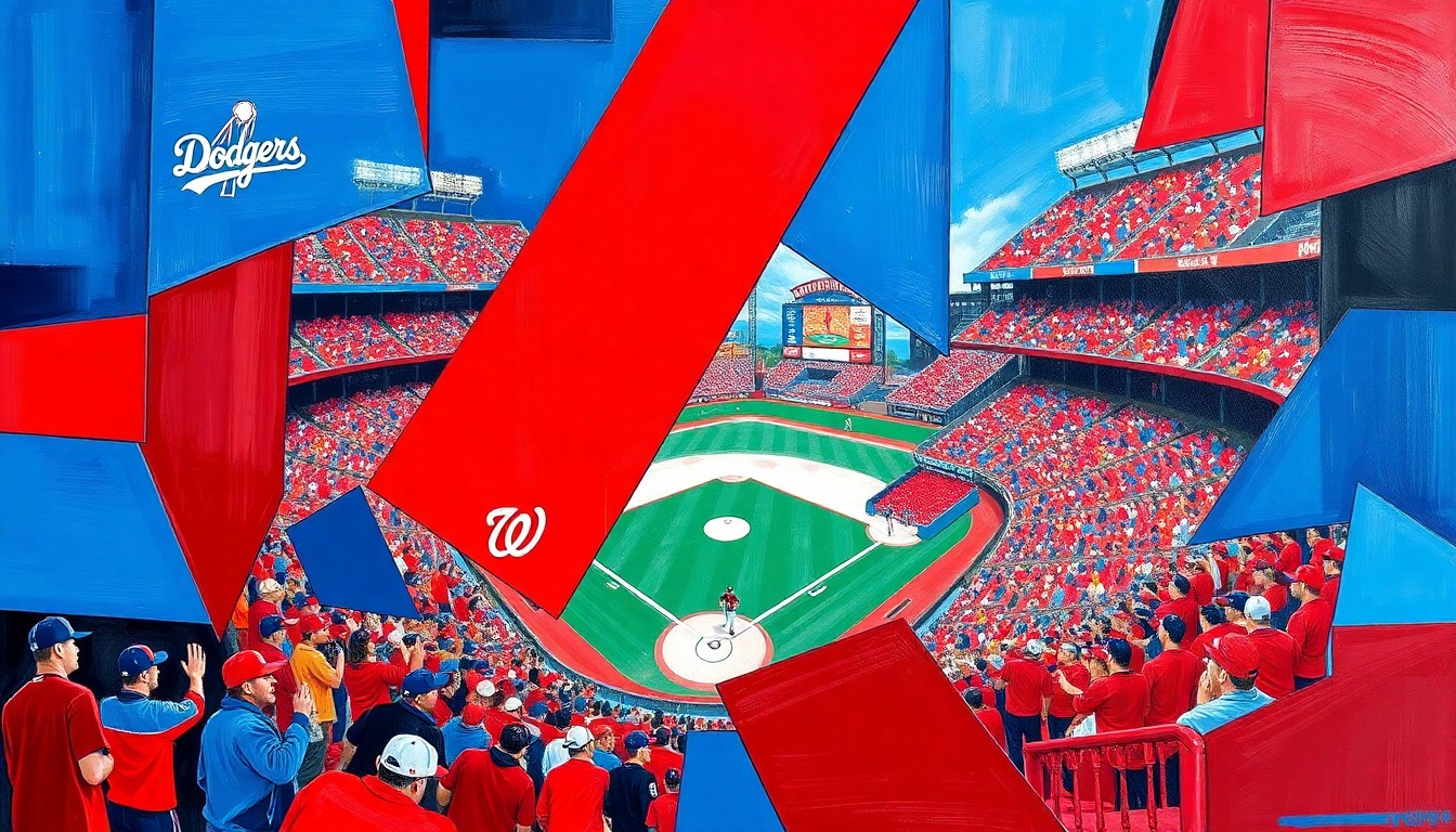 A fragmented, geometric painting depicting a baseball game, with sharp planes of Dodgers blue and Nationals red intersecting to create a dynamic, abstract composition.