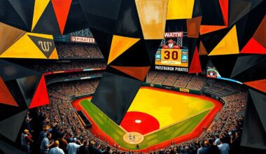 A cubist-style painting featuring sharp, overlapping geometric shapes in the colors of the Pittsburgh Pirates, capturing the energy and movement of a baseball game in an abstract, deconstructed style.