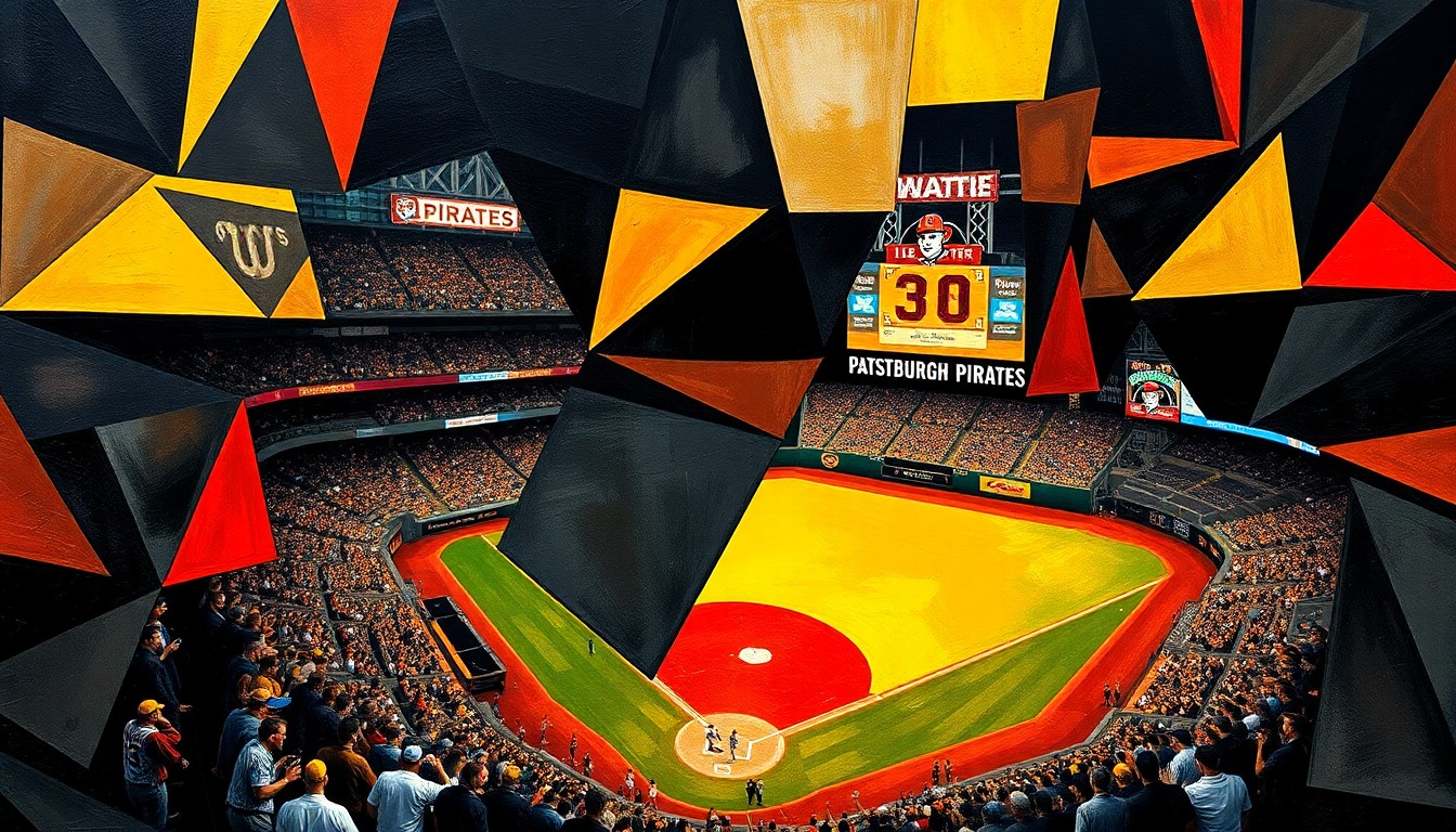 A cubist-style painting featuring sharp, overlapping geometric shapes in the colors of the Pittsburgh Pirates, capturing the energy and movement of a baseball game in an abstract, deconstructed style.