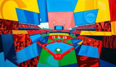 A cubist-style painting featuring overlapping geometric shapes and planes of bright blue, red, and yellow, conceptually representing the disruption and fragmentation caused by a last-minute lineup change in a baseball game.