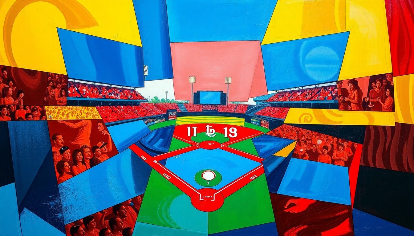 A cubist-style painting featuring overlapping geometric shapes and planes of bright blue, red, and yellow, conceptually representing the disruption and fragmentation caused by a last-minute lineup change in a baseball game.