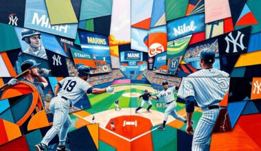A cubist, geometric painting depicting a baseball game between the Miami Marlins and New York Yankees, with the players