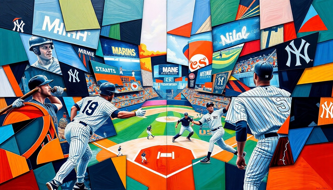 A cubist, geometric painting depicting a baseball game between the Miami Marlins and New York Yankees, with the players