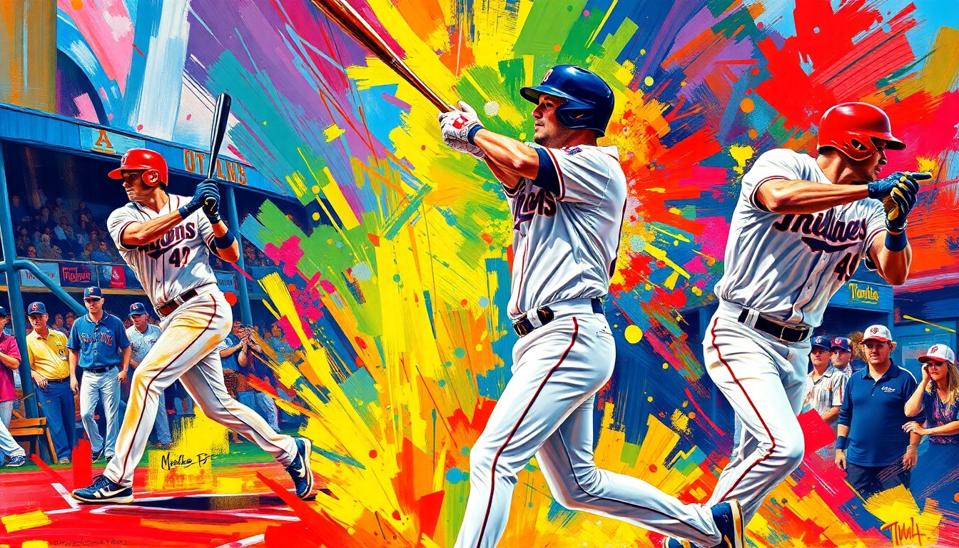 An abstract, energetic painting featuring bold, neon-colored brushstrokes that capture the explosive motion and raw power of a baseball player swinging a bat and hitting a home run.