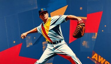 A fractured, geometric painting depicting the overlapping planes and angles of a baseball pitcher