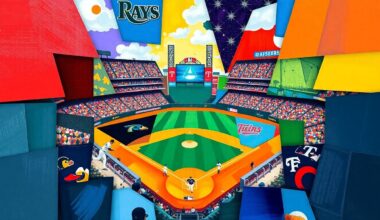 A cubist-style painting depicting a baseball game between the Tampa Bay Rays and Minnesota Twins, with the players and stadium environment broken down into overlapping geometric shapes and planes of vibrant colors.