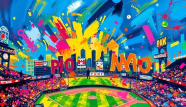 An abstract expressionist painting featuring bold, energetic brushstrokes in neon shades of yellow, orange, and blue, conceptually representing the excitement and community spirit of the Pittsburgh Pirates