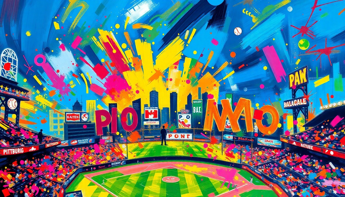 An abstract expressionist painting featuring bold, energetic brushstrokes in neon shades of yellow, orange, and blue, conceptually representing the excitement and community spirit of the Pittsburgh Pirates