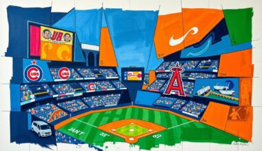 A cubist, geometric painting in vibrant colors depicting the action and movement of a baseball game, with sharp, overlapping shapes and planes representing the players, field, and crowd.