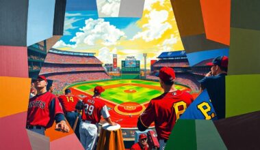 A fractured, geometric painting depicting a baseball game between the Cincinnati Reds and Pittsburgh Pirates, with the players and field broken down into sharp, overlapping planes of color, capturing the intensity and unpredictability of their matchups.