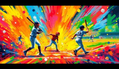 An abstract, energetic painting in neon colors depicting the motion and excitement of a youth baseball game, with players and equipment blending into expressive brushstrokes.