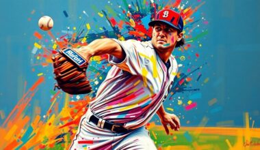 An abstract expressionist painting featuring bold, energetic brushstrokes in neon colors that capture the raw power and motion of a baseball pitcher