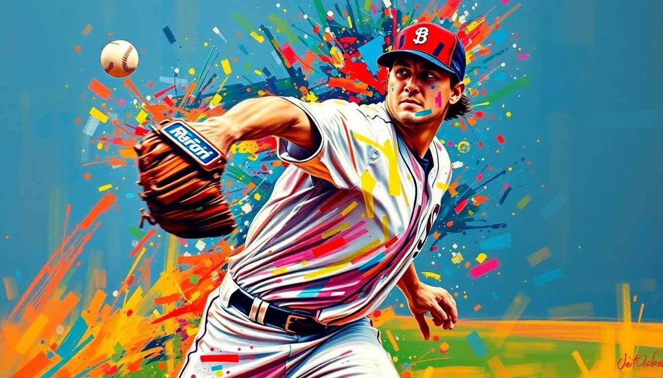 An abstract expressionist painting featuring bold, energetic brushstrokes in neon colors that capture the raw power and motion of a baseball pitcher