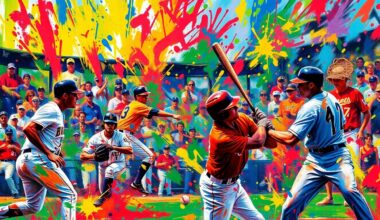 A dynamic, expressionist painting in neon colors depicting the energy and motion of a baseball game, with players