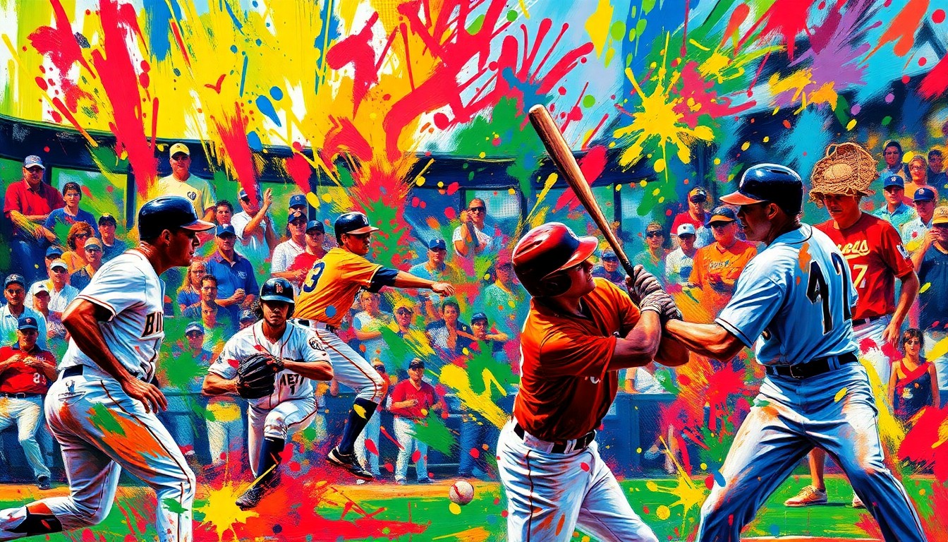A dynamic, expressionist painting in neon colors depicting the energy and motion of a baseball game, with players