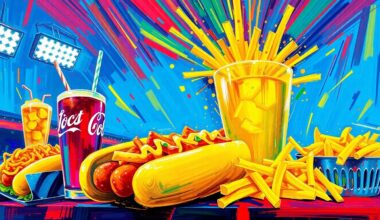 A vibrant, textured painting in neon colors depicting a variety of large, creative ballpark food items like hot dogs, nachos, and cocktails, conceptually representing the bold flavors and energy of the Colorado Rockies